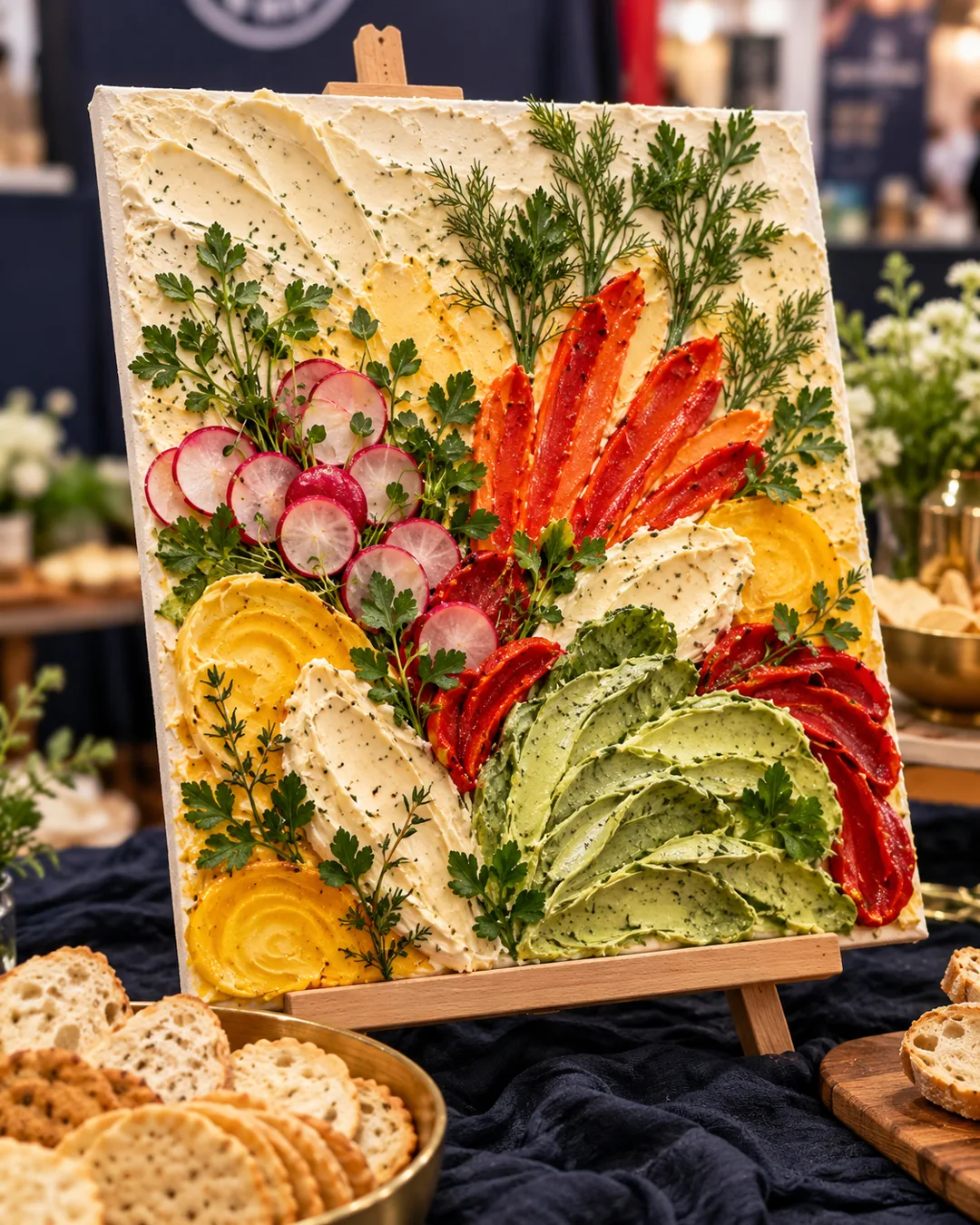 Savory garden harvest artwork in garlic herb and roasted pepper butter