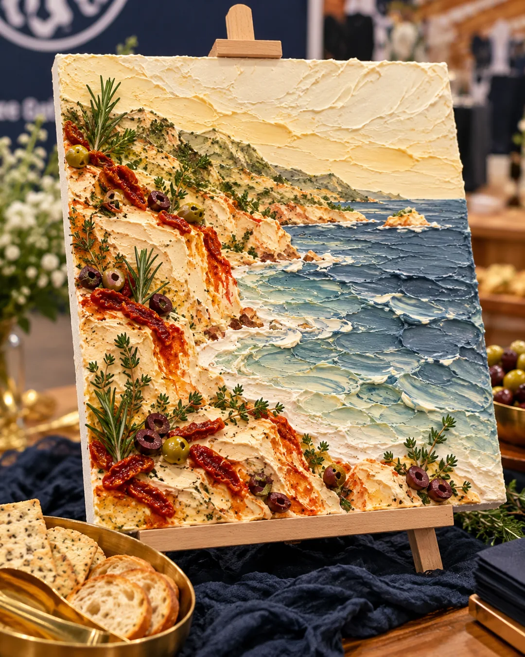 Savory butter painting of the Mediterranean coast with olives, herbs and sun-dried tomatoes
