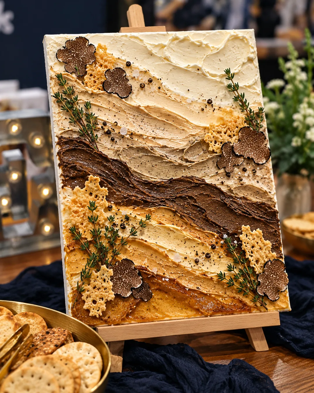 Savory truffle and thyme flavored butter artwork in elegant earth tones